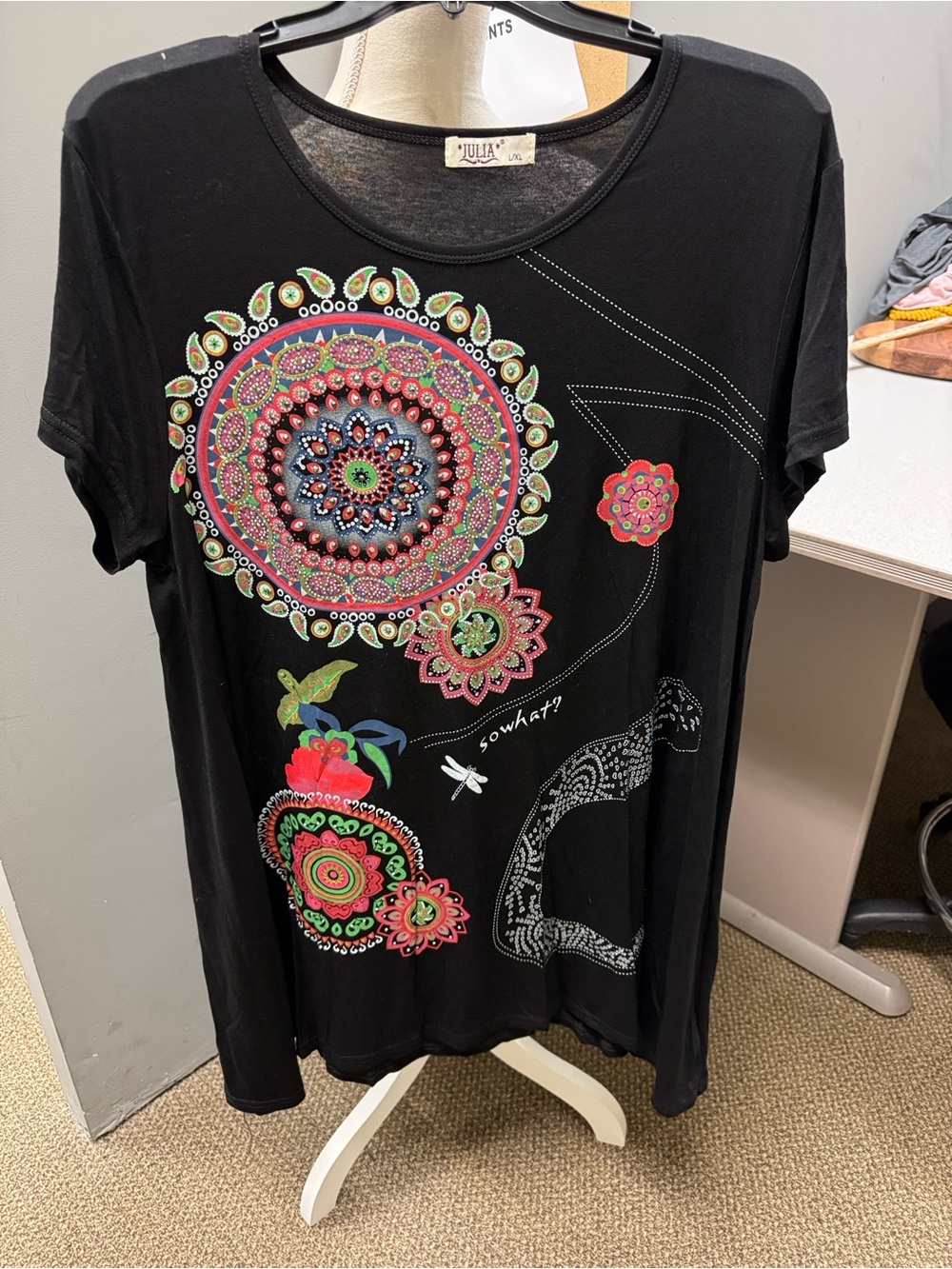 JULIA Boho Mandala Graphic Tunic Top T-Shirt L/XL Black